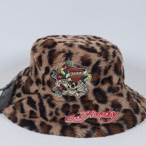 Ed Hardy Faux Leather Bucket Hat with Cheetah Print